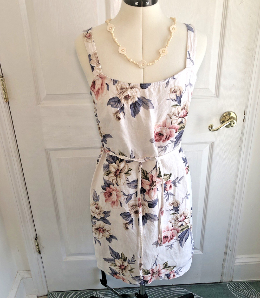 VTG Karen Kane 100% Linen mini shift dress sz 4 floral coquette cottagecore